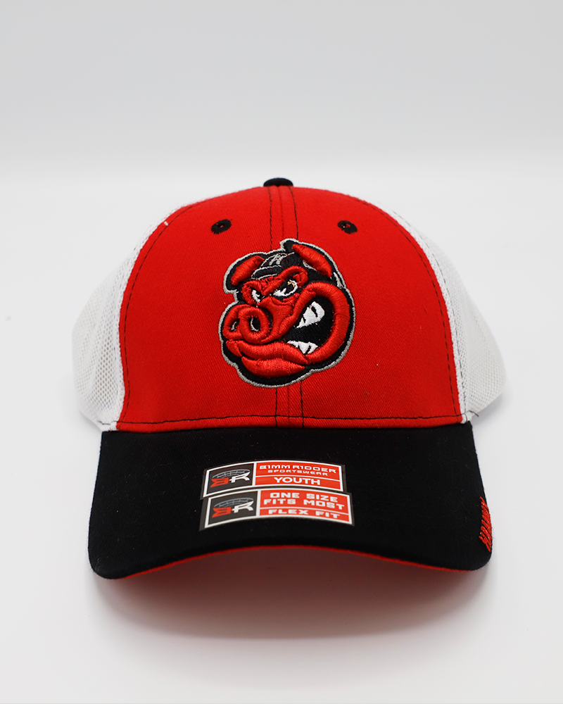 red youth Rockford IceHogs adjustable trucker cap with embroidered Hammy on front and IceHogs logo on back - front lay flat