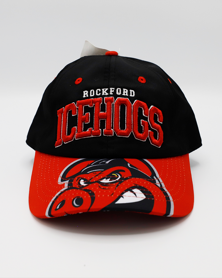 black and red youth adjustable hat with Rockford IceHogs wordmark and on front panel and Hammy on brim - front lay flat