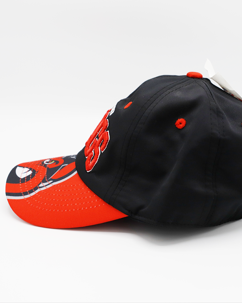 black and red youth adjustable hat with Rockford IceHogs wordmark and on front panel and Hammy on brim - left side lay flat