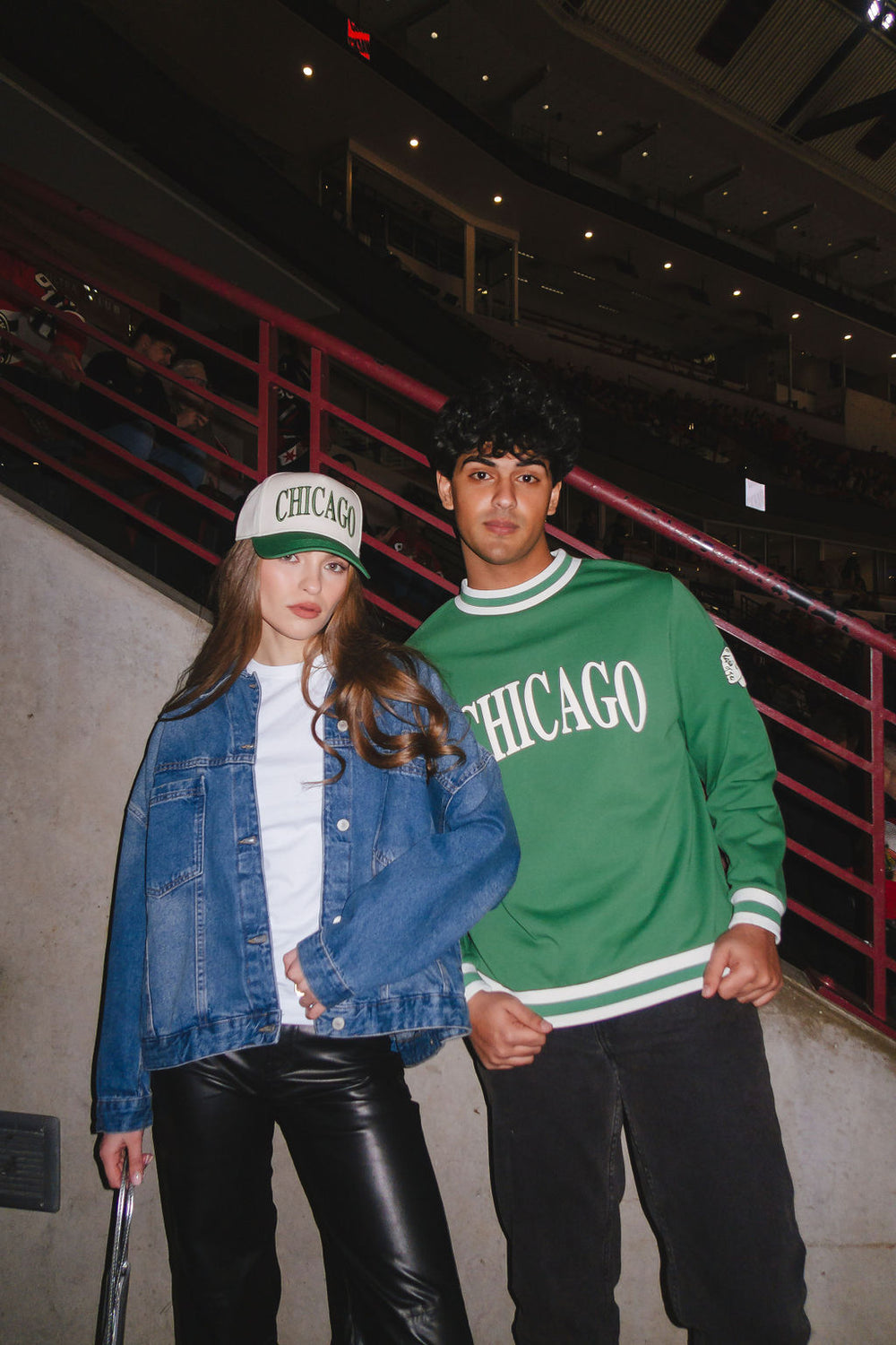 woman wearing cream and green Alice & Wonder hat with Chicago wordmark on front and Chicago Blackhawks primary logo on left side