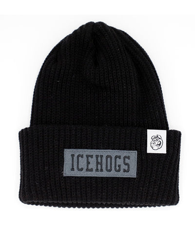 black CCM knit hat with Rockford IceHogs tonal patch on front cuff - front lay flat