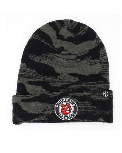 black camo knit hat with Rockford IceHogs logo embroidered on front cuff - front lay flat