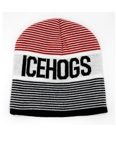 red, white an black knit hat with IceHogs wordmark on front - back lay flat