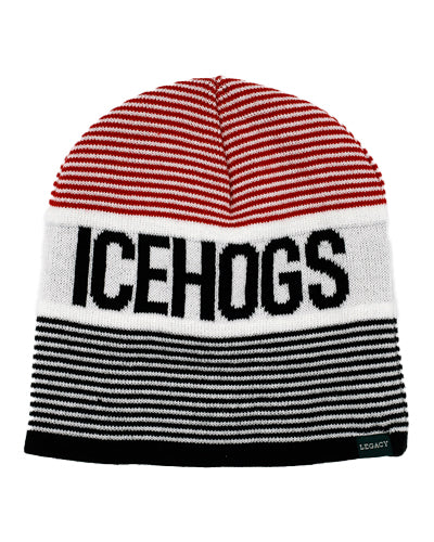 red, white an black knit hat with IceHogs wordmark on front - front lay flat