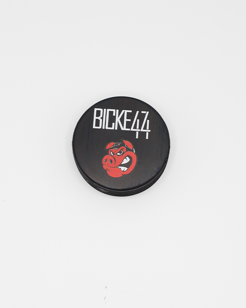 black hockey puck with Rockford IceHogs Hammy underneath a Bickell 44 graphic - front lay flat