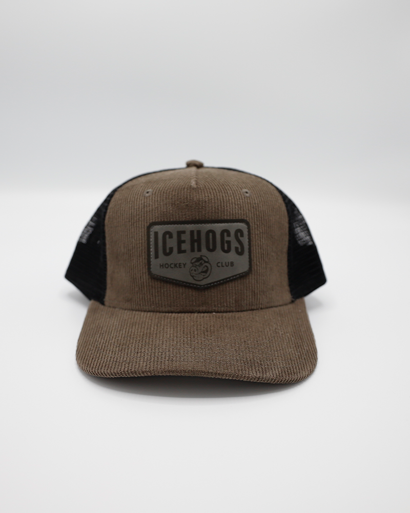 Legacy brown corduroy trucker with black mesh and Rockford IceHogs Hockey Club patch on front - front lay flat