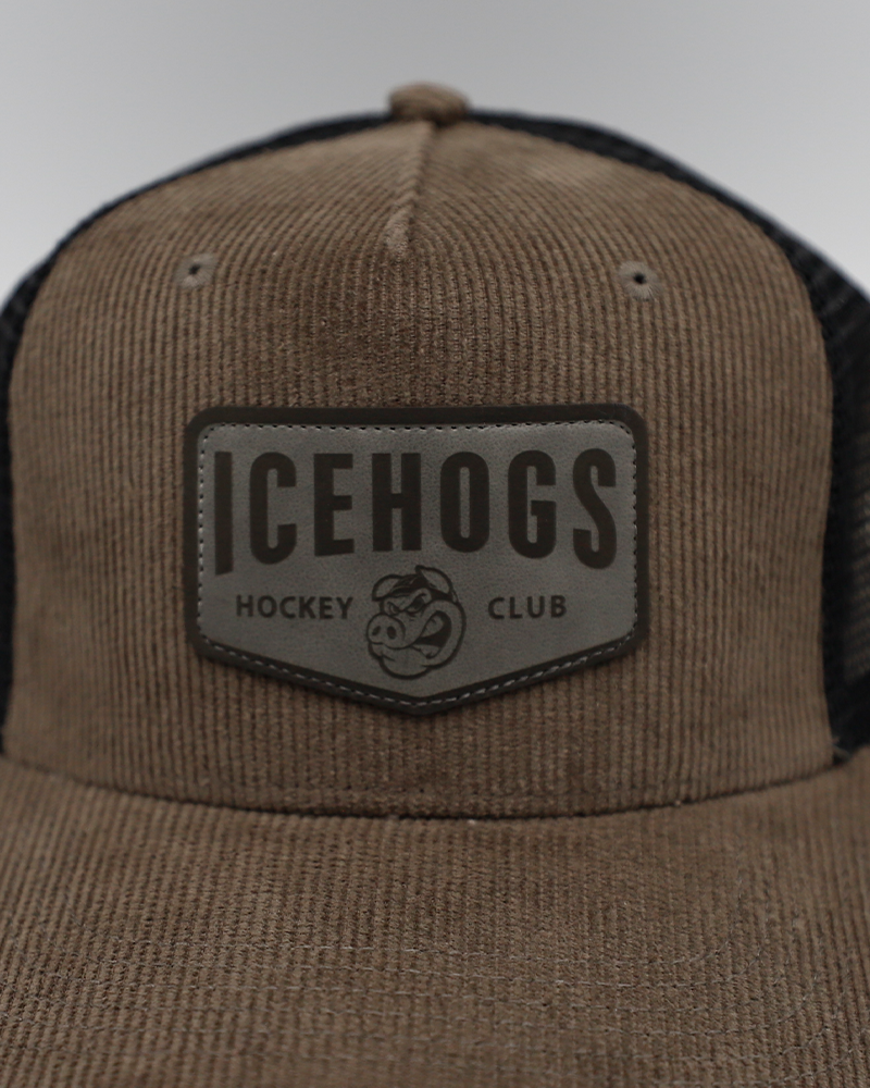 Legacy brown corduroy trucker with black mesh and Rockford IceHogs Hockey Club patch on front - front lay flat