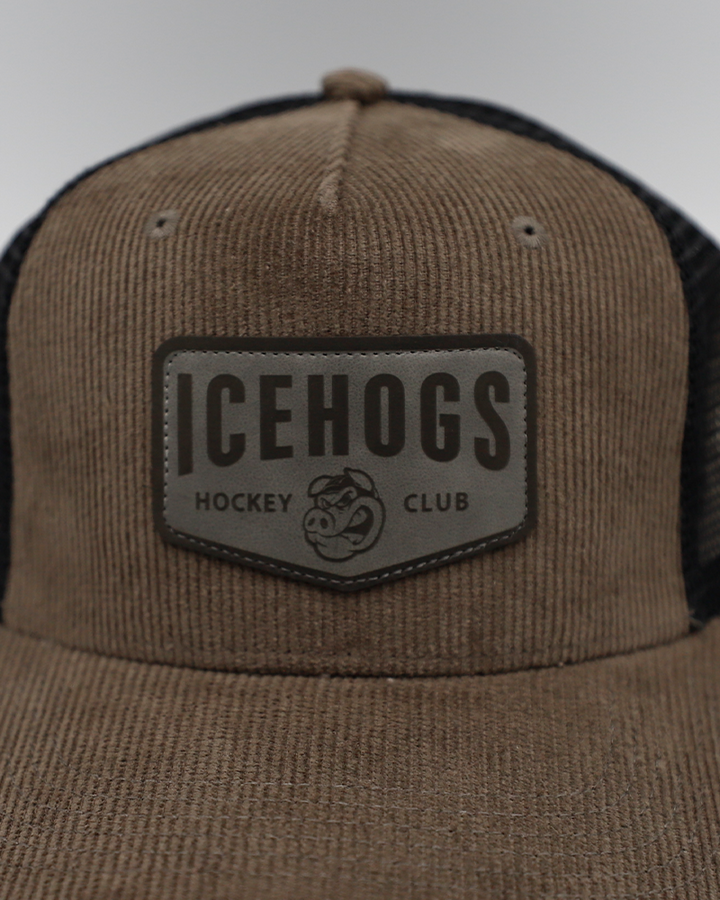 Legacy brown corduroy trucker with black mesh and Rockford IceHogs Hockey Club patch on front - front lay flat