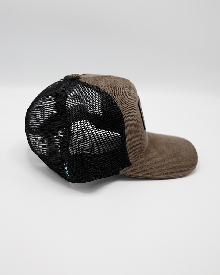 Legacy brown corduroy trucker with black mesh and Rockford IceHogs Hockey Club patch on front - right side lay flat