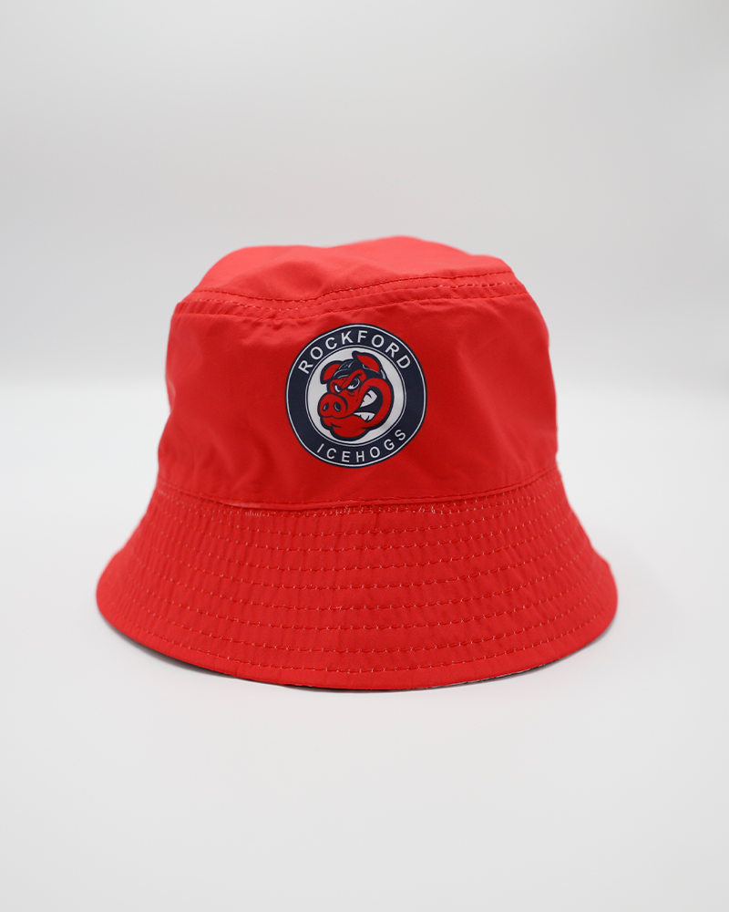 red bucket hat with Rockford IceHogs primary logo on front - front lay flat