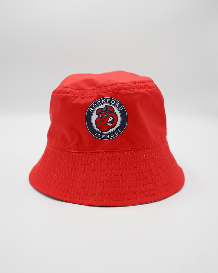 red bucket hat with Rockford IceHogs primary logo on front - front lay flat