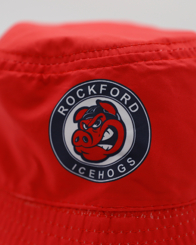 red bucket hat with Rockford IceHogs primary logo on front - front detail lay flat