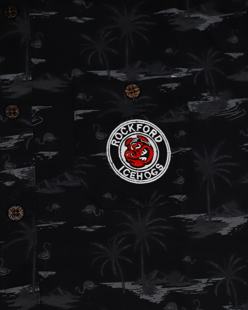 black tropical print button down shirt with Rockford IceHogs primary logo on left chest pocket - front detail lay flat