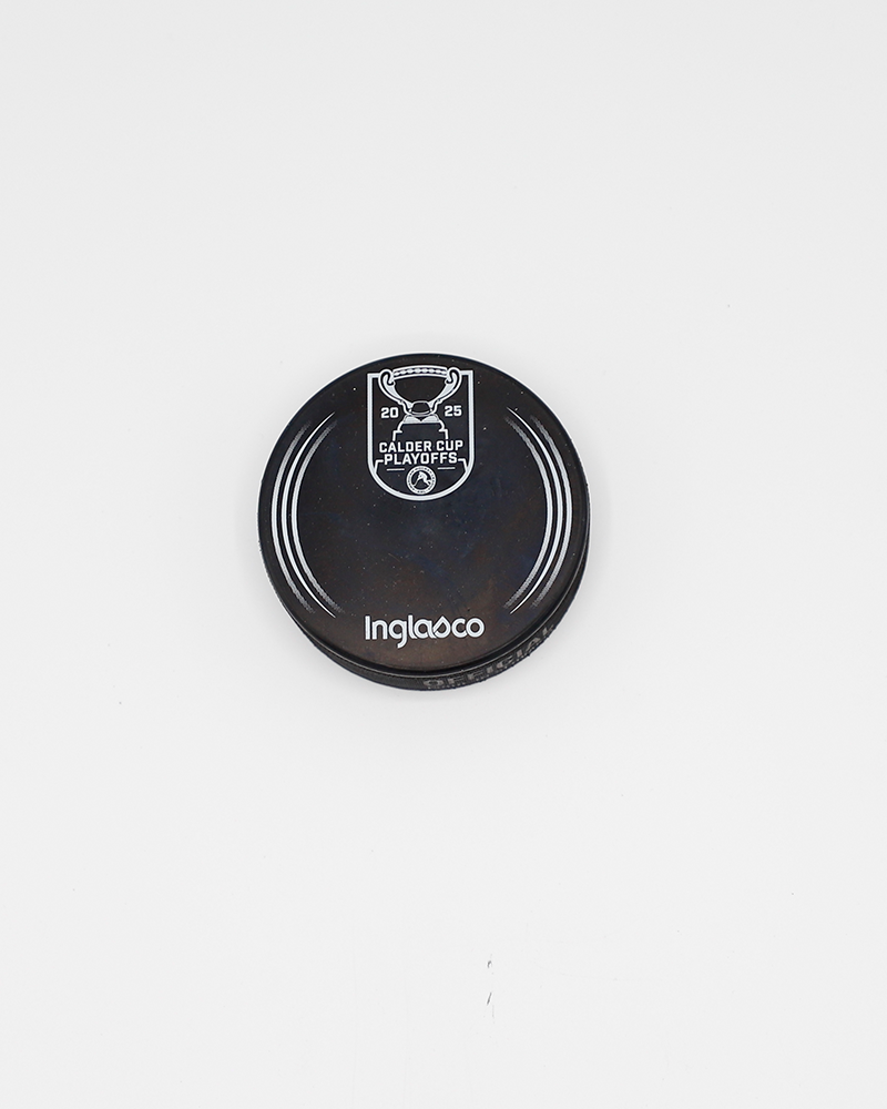 black hockey puck with Rockford IceHogs logo with 2025 Calder Cup Playoffs graphic on front - back lay flat