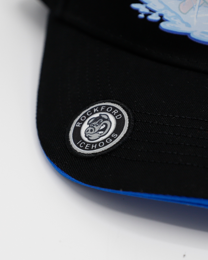 black adjustable hat part of local artist series with Rockford IceHogs inspired design created by Chris Geebus - brim detail lay flat