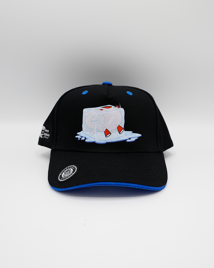 black adjustable hat part of local artist series with Rockford IceHogs inspired design created by Chris Geebus - front lay flat