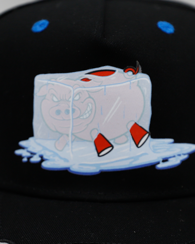 black adjustable hat part of local artist series with Rockford IceHogs inspired design created by Chris Geebus - front detail lay flat