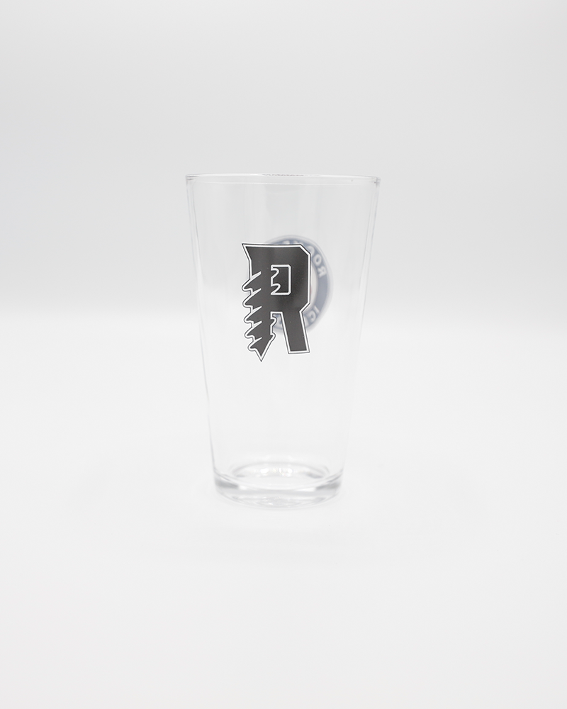 pint glass with Rockford IceHogs primary logo and screw city R logo - back lay flat