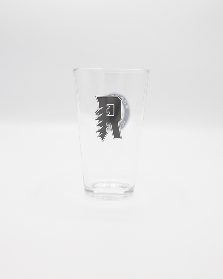 pint glass with Rockford IceHogs primary logo and screw city R logo - back lay flat
