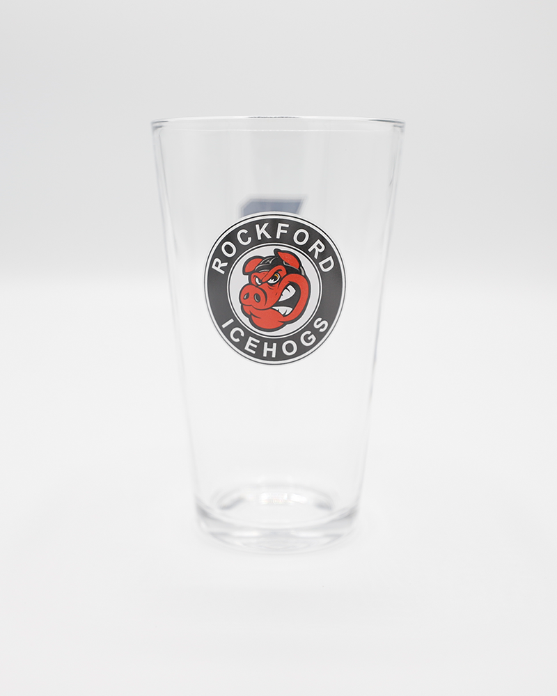 pint glass with Rockford IceHogs primary logo and screw city R logo - front lay flat