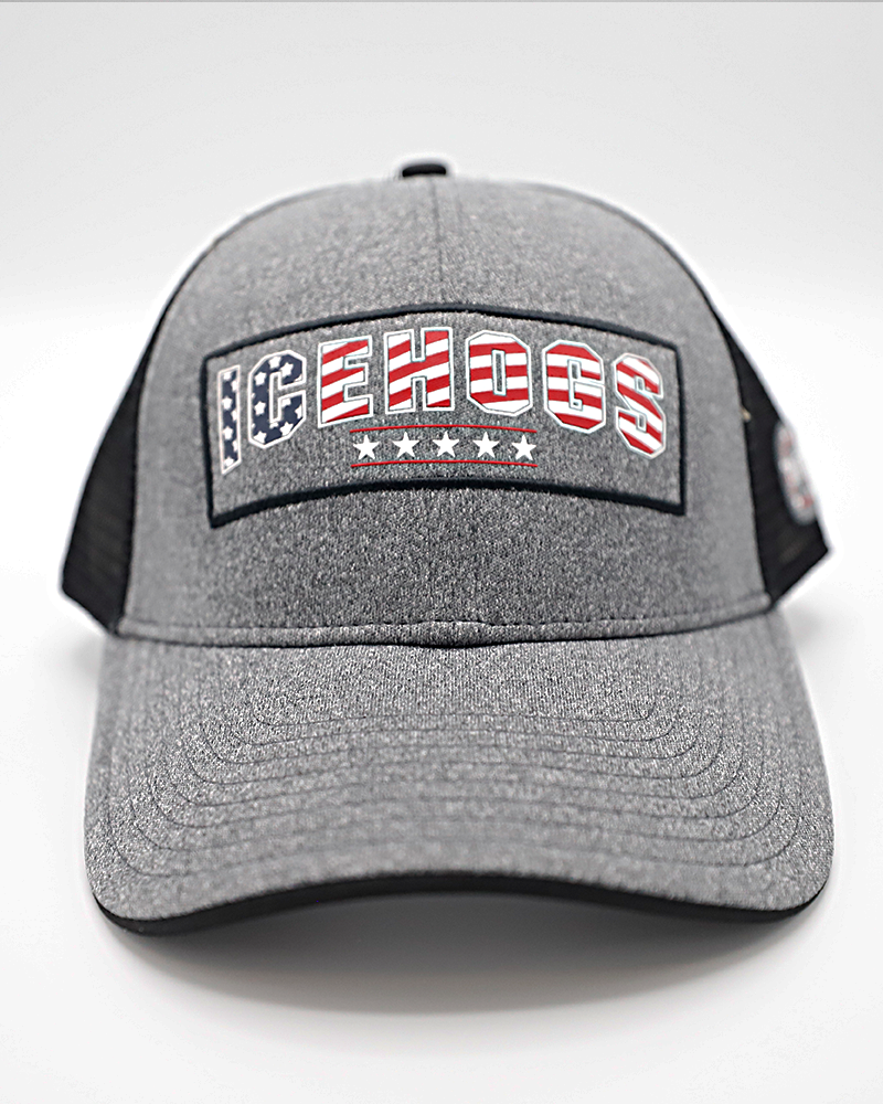 grey Colosseum trucker with Rockford IceHogs wordmark in American flag colorway and American flag patch embroidered on back - front lay flat