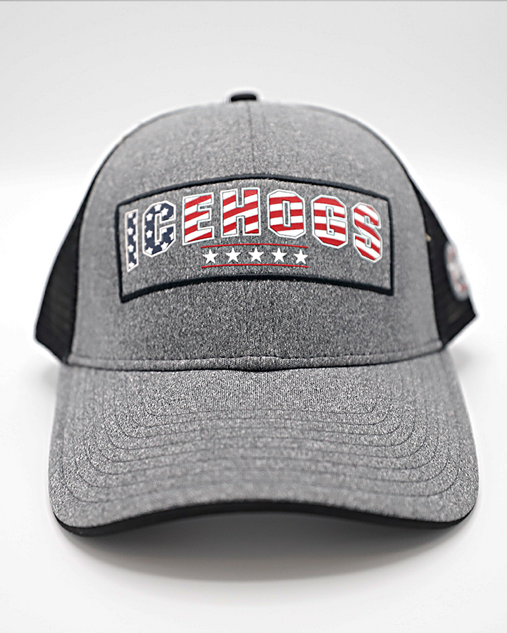 grey Colosseum trucker with Rockford IceHogs wordmark in American flag colorway and American flag patch embroidered on back - front lay flat