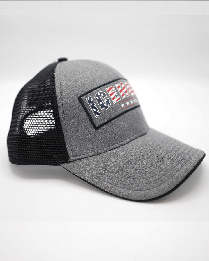 grey Colosseum trucker with Rockford IceHogs wordmark in American flag colorway and American flag patch embroidered on back - right angle lay flat