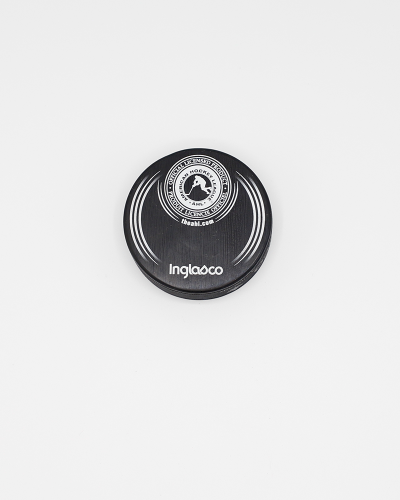 black hockey puck with Happy Birthday Hammy wordmark and photo of Rockford IceHogs mascot Hammy on front - back lay flat