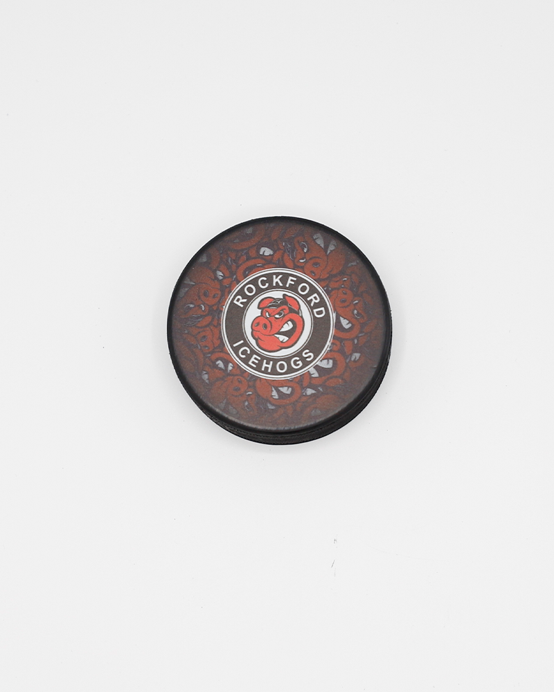 black hockey puck with Rockford IceHogs primary logo on repeating Hammy pattern - front lay flat