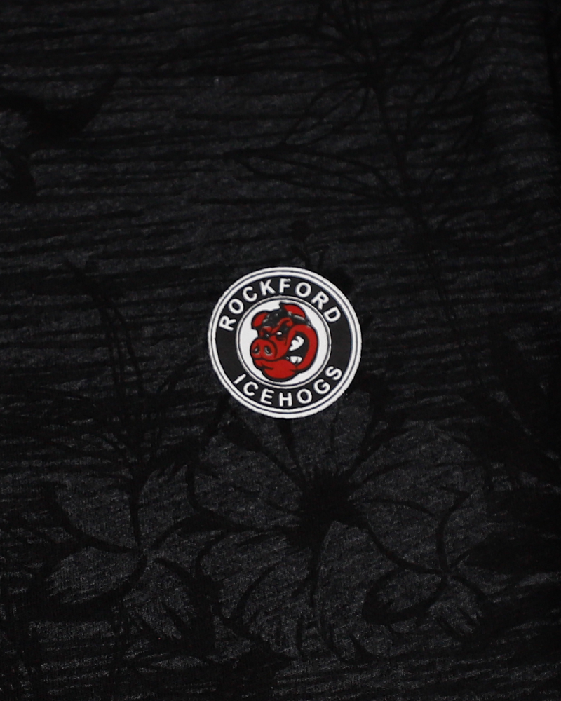 Colosseum collard short sleeve tee with black floral all over pattern with Rockford IceHogs primary logo on left chest - front detail lay flat