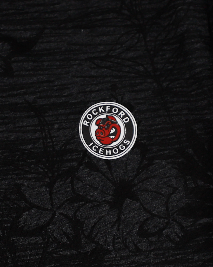 Colosseum collard short sleeve tee with black floral all over pattern with Rockford IceHogs primary logo on left chest - front detail lay flat