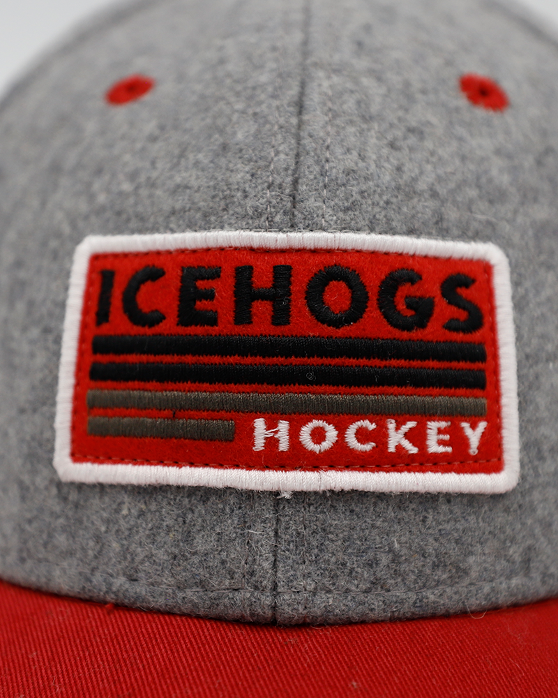 Legacy red and grey adjustable hat with IceHogs Hockey patch on front and Hammy Rockford IceHogs logo on right side - front detail lay flat