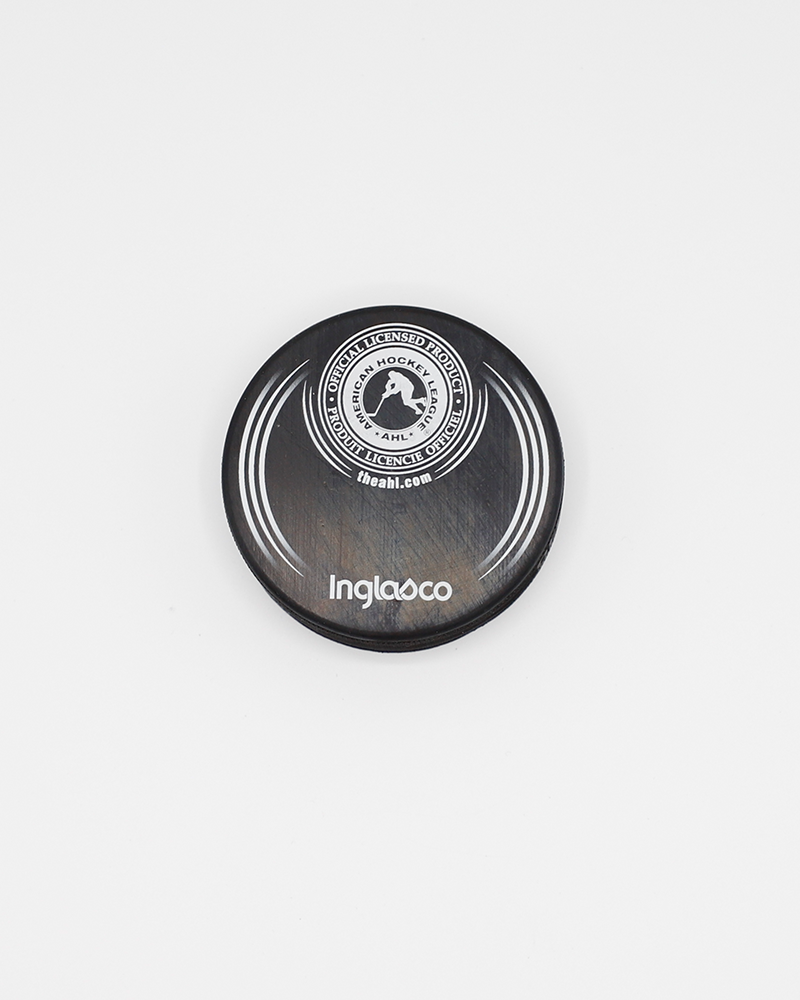 black hockey puck with Rockford IceHogs primary logo on red Hammy background - back lay flat
