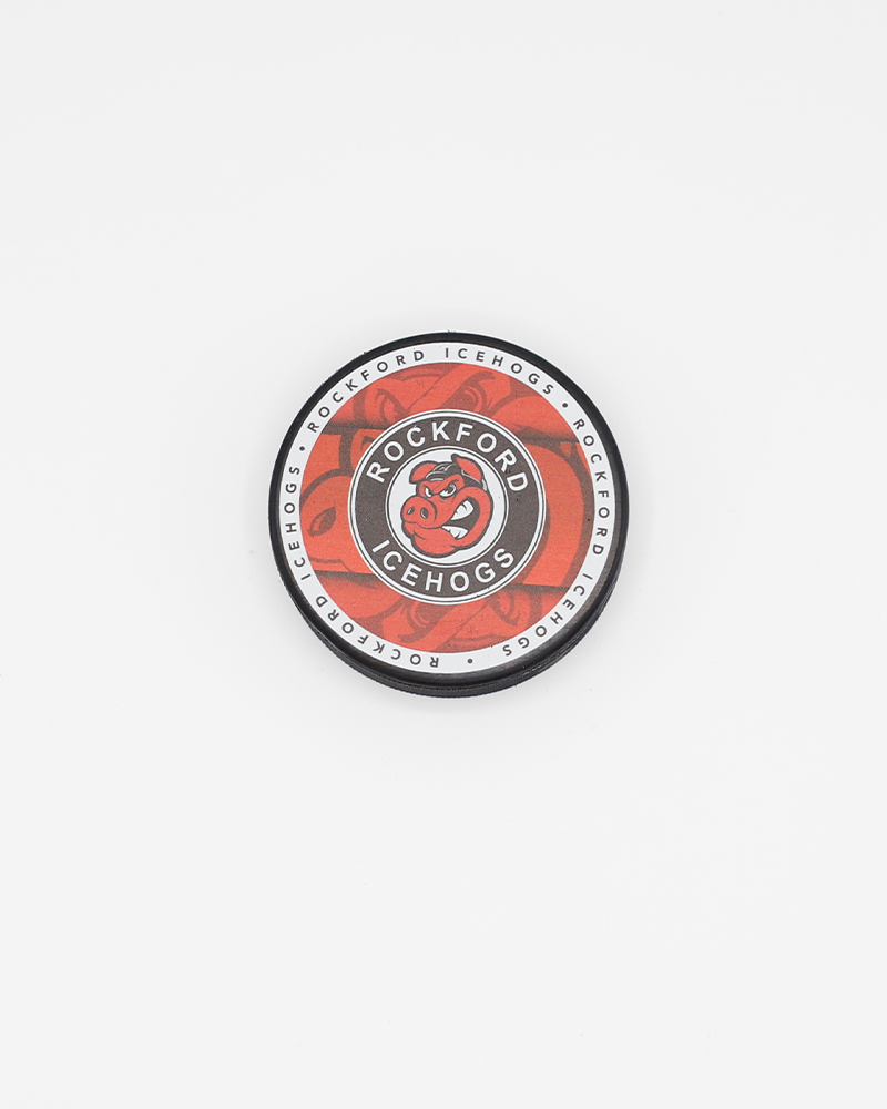 black hockey puck with Rockford IceHogs primary logo on red Hammy background - front lay flat