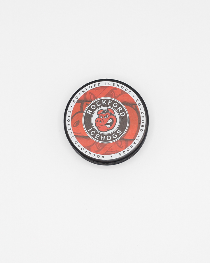 black hockey puck with Rockford IceHogs primary logo on red Hammy background - front lay flat