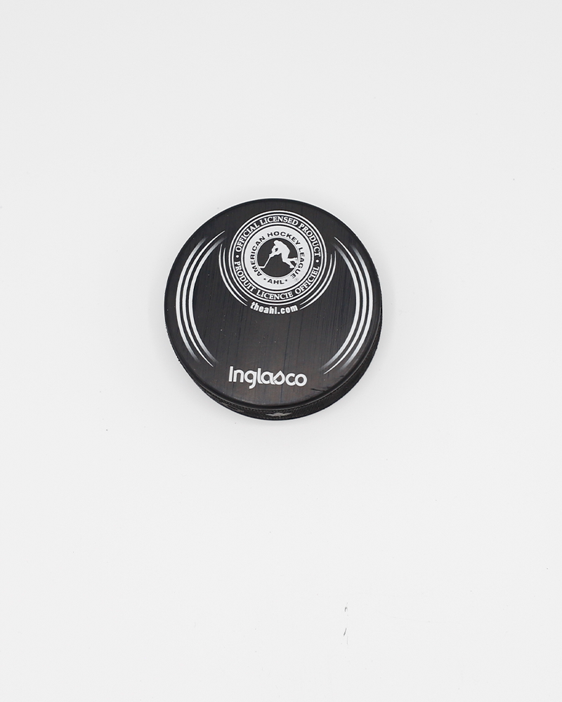 black hockey puck with Rockford IceHogs red jersey and Hammy graphic design on front - back lay flat
