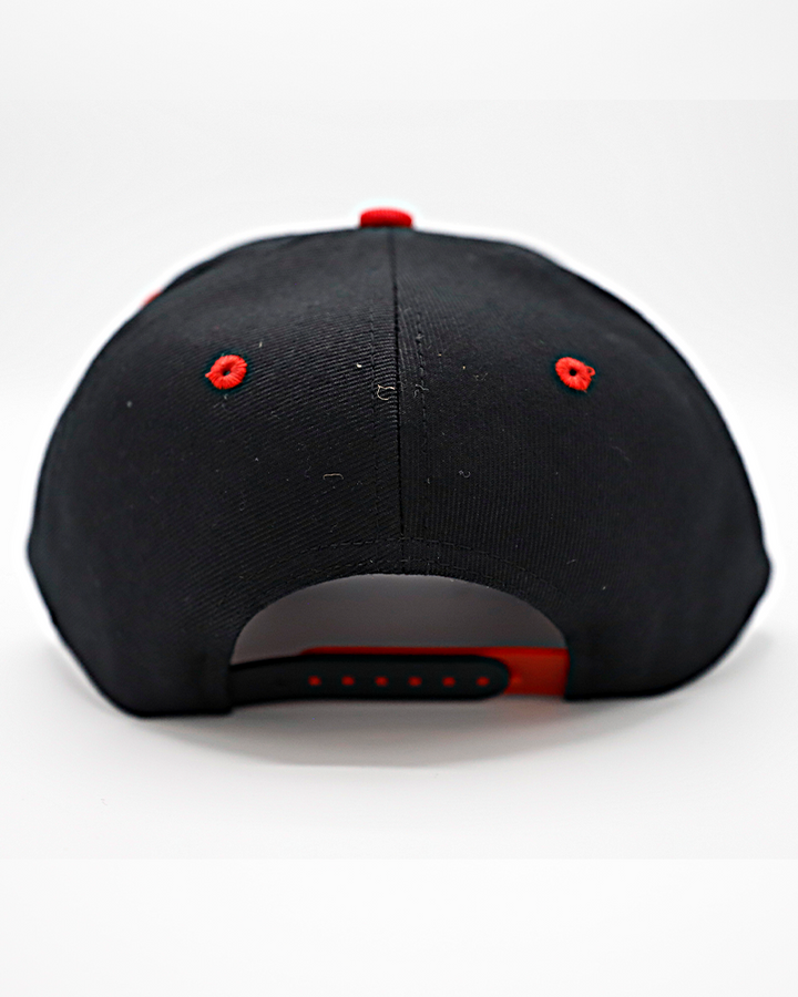 black and red Zephyr hat with lace detailing on front with Rockford IceHogs Hammy on bottom lace - back lay flat