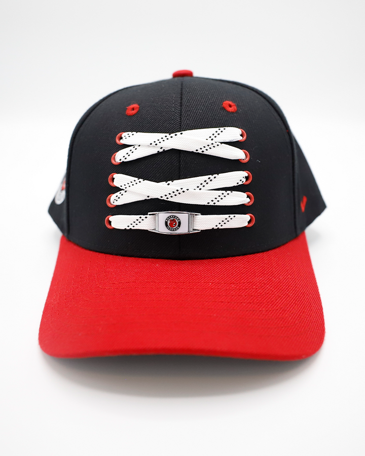 black and red Zephyr hat with lace detailing on front with Rockford IceHogs Hammy on bottom lace - front lay flat