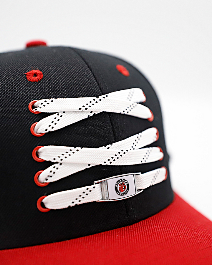 black and red Zephyr hat with lace detailing on front with Rockford IceHogs Hammy on bottom lace - front detail lay flat