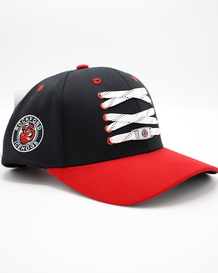 black and red Zephyr hat with lace detailing on front with Rockford IceHogs Hammy on bottom lace - right angle lay flat