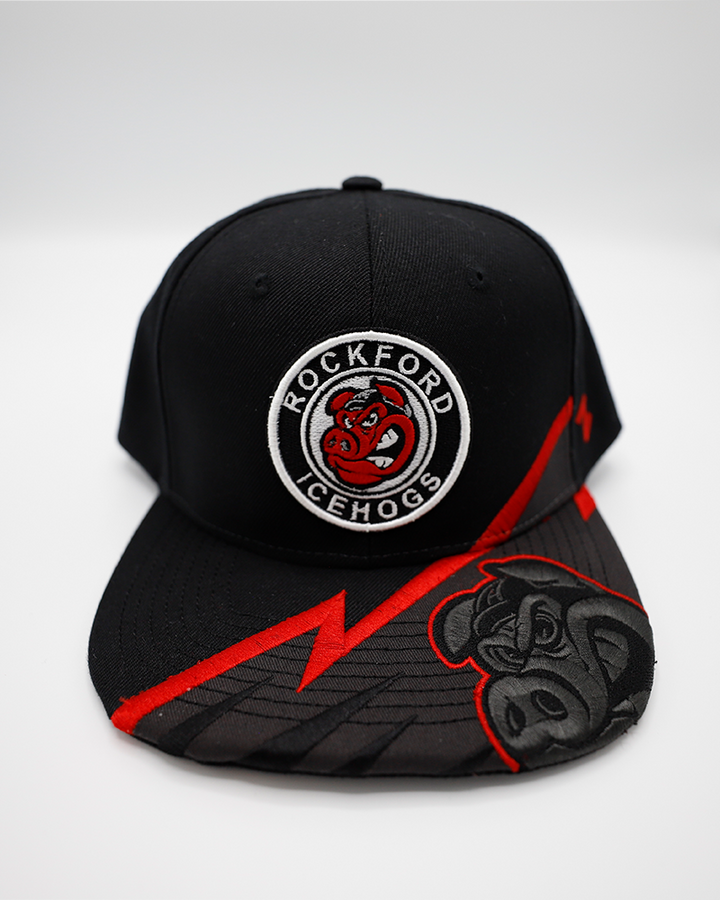 black Zephyr adjustable hat with Rockford IceHogs logo embroidered on front and Hammy decal on brim and front panel - front lay flat