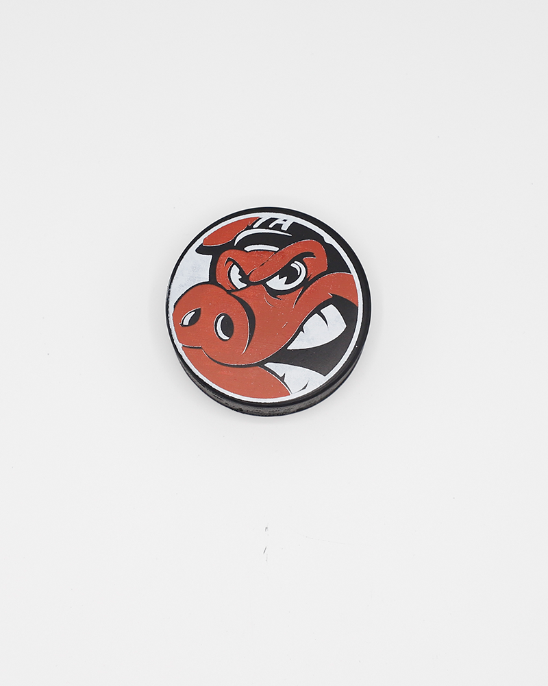 black hockey puck with close up Rockford IceHogs Hammy graphic on front - front lay flat