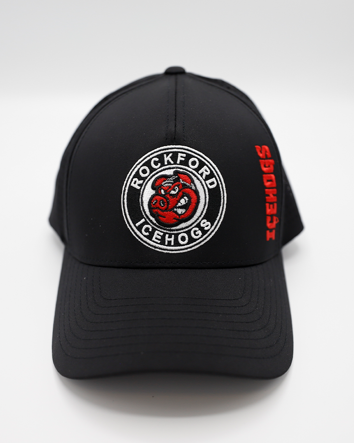 black CCM Rockford IceHogs adjustable hat with logo embroidered on front and wordmark on left panel - front lay flat