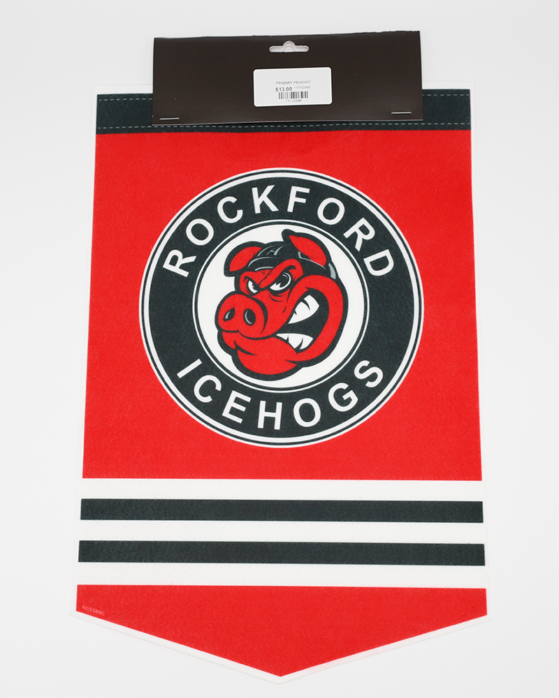 red felt pennant with Rockford IceHogs primary logo and striping on front - front lay flat