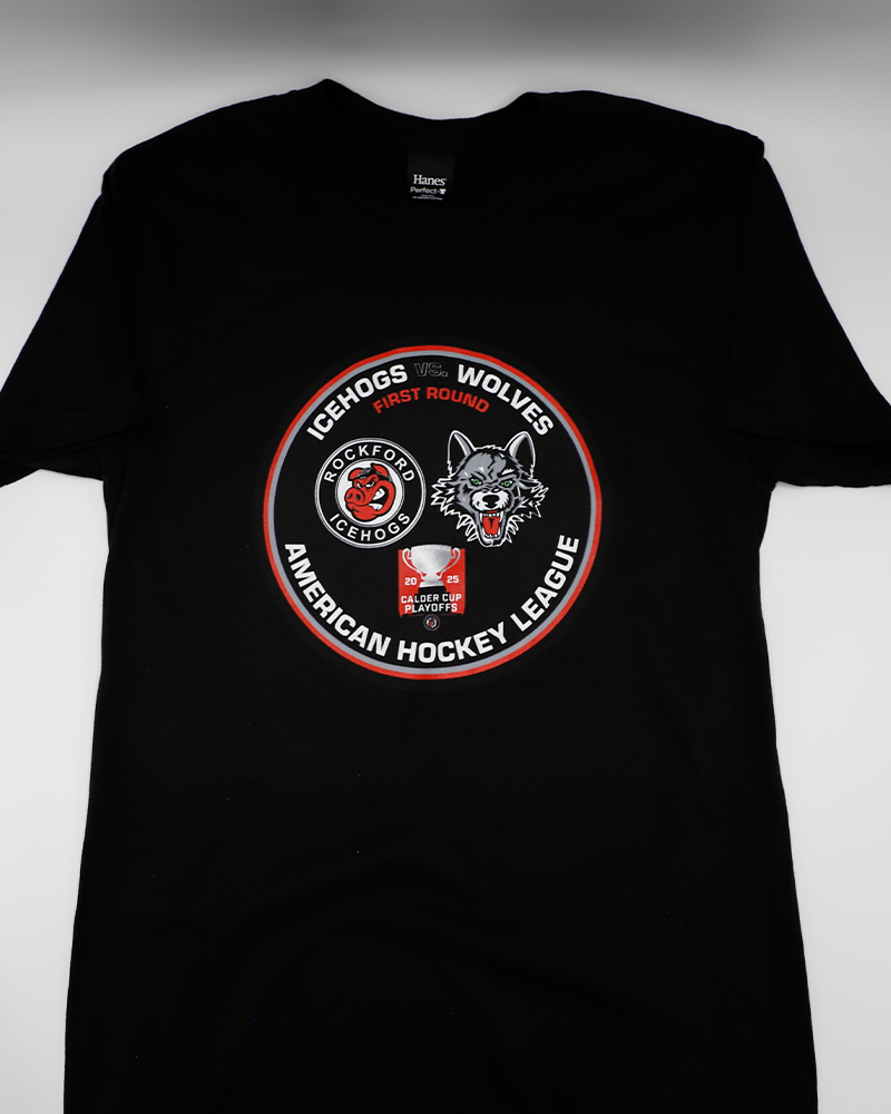 black short sleeve tee with AHL Calder Cup graphic with Rockford IceHogs and Chicago Wolves matchup - front lay flat