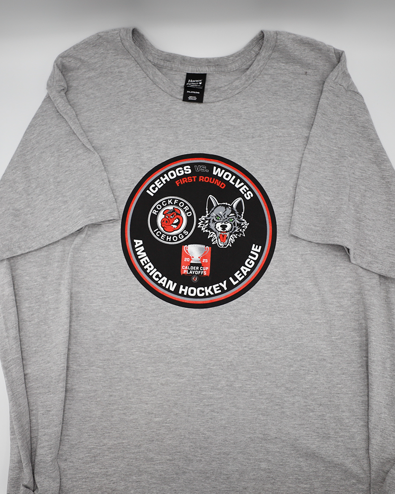 grey short sleeve tee with AHL Calder Cup Playoff graphic between Rockford IceHogs and Chicago Wolves - front lay flat