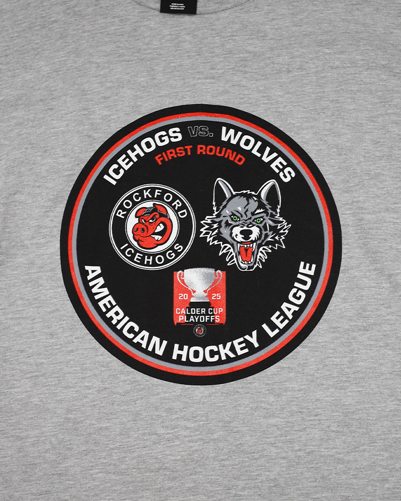 grey short sleeve tee with AHL Calder Cup Playoff graphic between Rockford IceHogs and Chicago Wolves - front detail lay flat