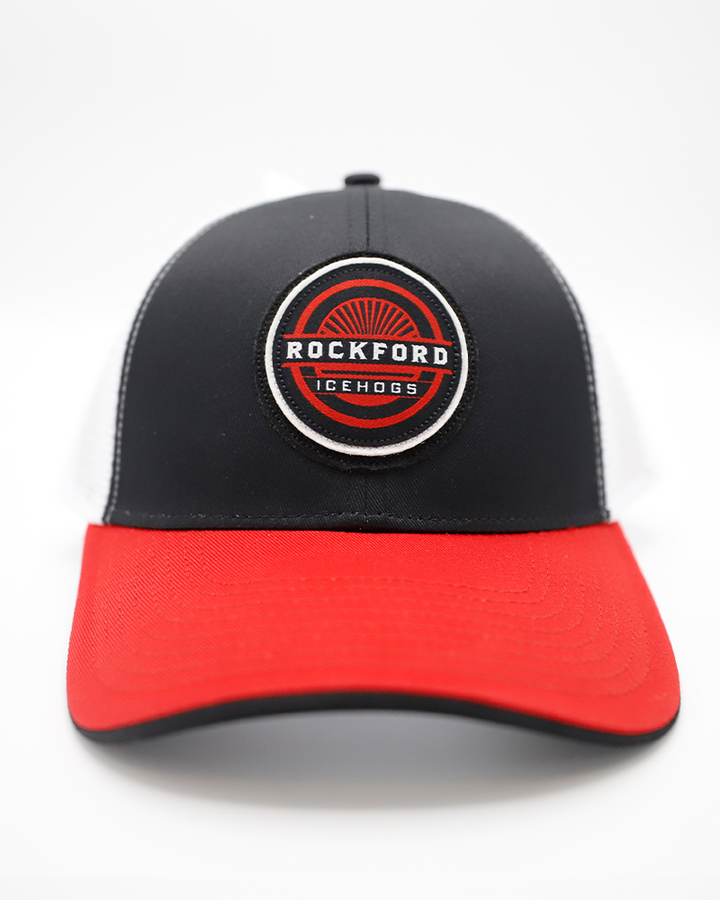 black red and white trucker hat with Rockford IceHogs rounded patch on black panel and red brim hat with white mesh - front lay flat