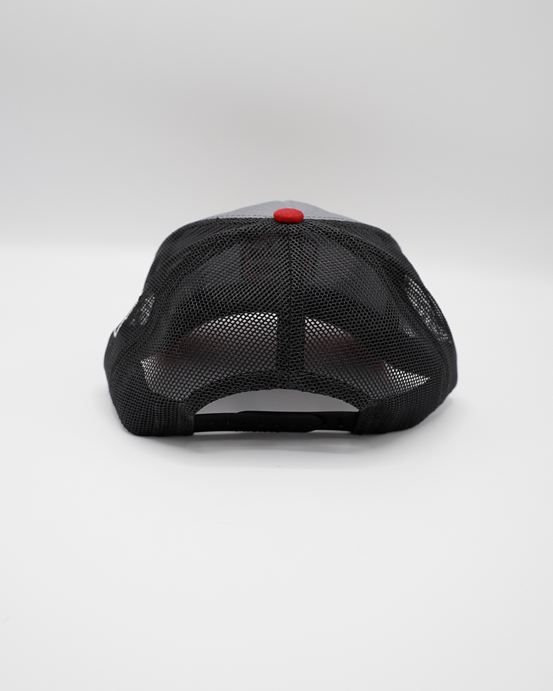 black grey and red trucker hat with Rockford IceHogs Screw City hexagon logo patch on front - back lay flat