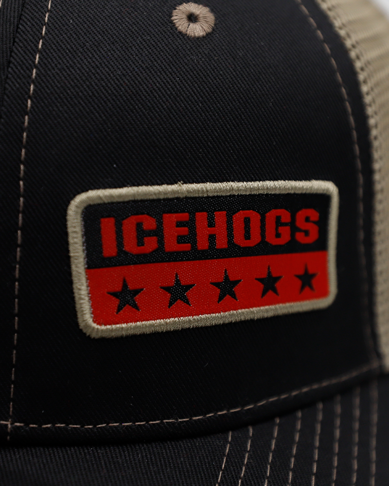 black and khaki Colosseum trucker hat with IceHogs military patch on front and OHT and Colosseum patches on sides - patch detail lay flat
